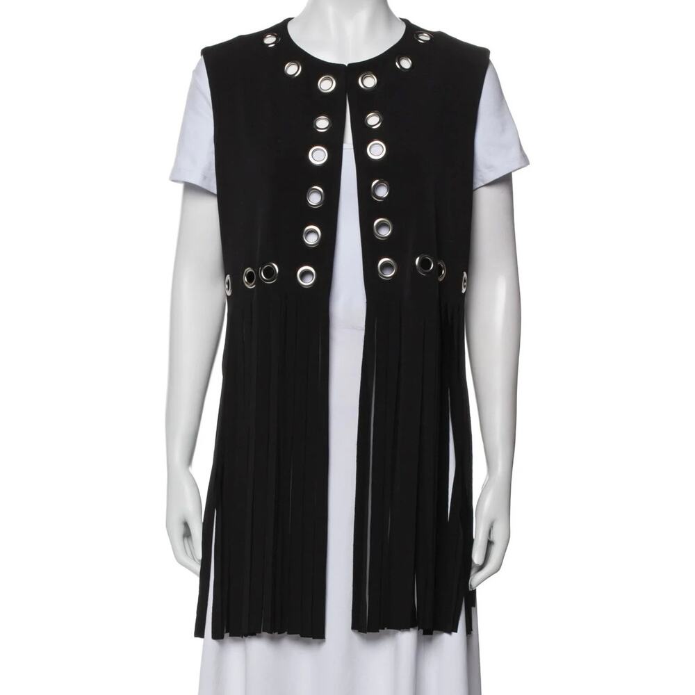 Eva Varro Grommet Fringe Vest Black Silver Sleeveless Open Front Made USA Med